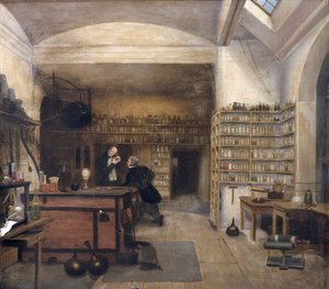 Michael Faraday (1791-1867) i kjellerlaboratoriet hans, 1852